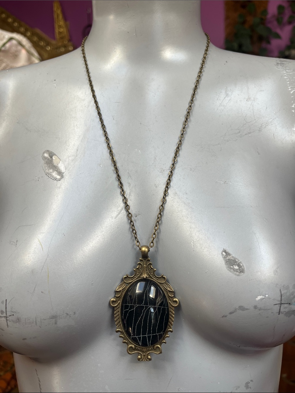 Goth Spiderweb large filigree cabochon antique brass necklace